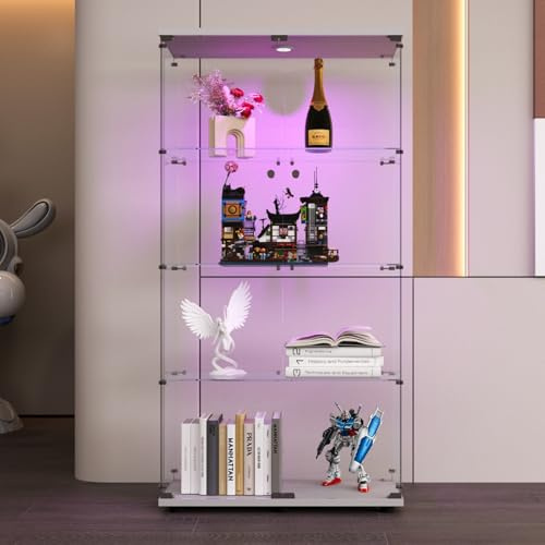 BRILVERDE Glasvitrine Standvitrine,Schrank für Sammlung mit 4 Regalen,Transparent Möbel Vitrine mit Schloss und LED,für Sammlerstücke Bücher Wein (Weiß, 80.49 × 36.49 × 163.9 cm)