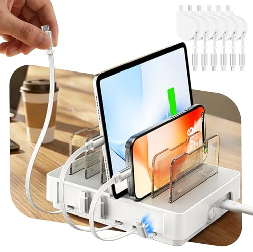 SooPii HomeHub H1 60W Ladestation für mehrere Geräte, Weiß | 6-Port Schnellladegerät mit ausziehbaren Kabeln (4*C + 2*iP), für iPhone 17/16 Pro Max, Samsung S26/25, iPad, Tablet