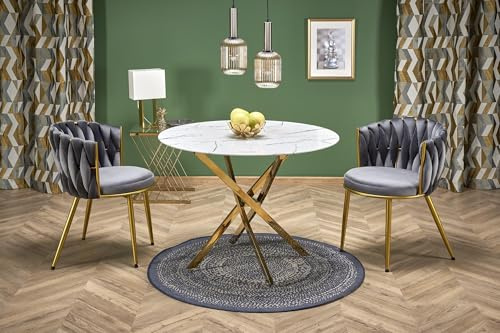 designimpex Design Esstisch rund HAW-555 Marmor Weiß - Gold Glastisch runder Esszimmertisch Glas Küchentisch rund Kitchen Table Esszimmer Dining Table Ausziehtisch Konsolentisch