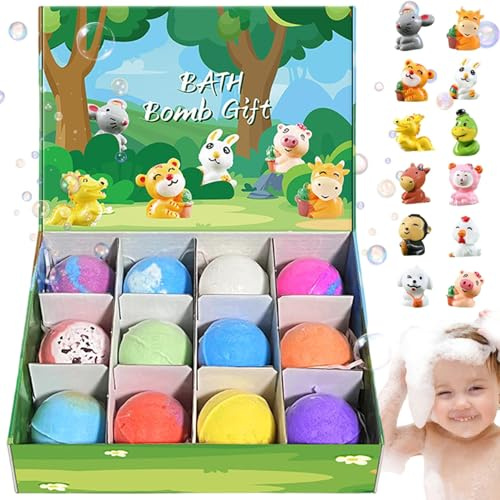 12 Stück Badebomben Set – Badekugeln mit Überraschung, Duftende Badezusätze, Sprudelnde Bath Bombs in Geschenkbox für Badewanne, Geschenkidee für Familie und Freunde (Tier)