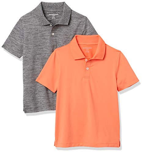 Amazon Essentials Boys' Short-Sleeve Active Performance Polo Shirts, Pack of 2, Orange/Grey, X-Small
