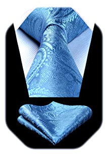 HISDERN Herren Krawatte Blau Paisley Krawatte mit Einstecktuch Set Hochzeit Blumen Jacquard Krawatten Taschentuch Einfarbig Schlips Himmelblau
