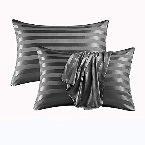 Damier Lot de 2 housses de coussin en satin - 40 x 80 cm - Gris lisse et brillant - En microfibre soyeuse - Doux pour les cheveux et la peau