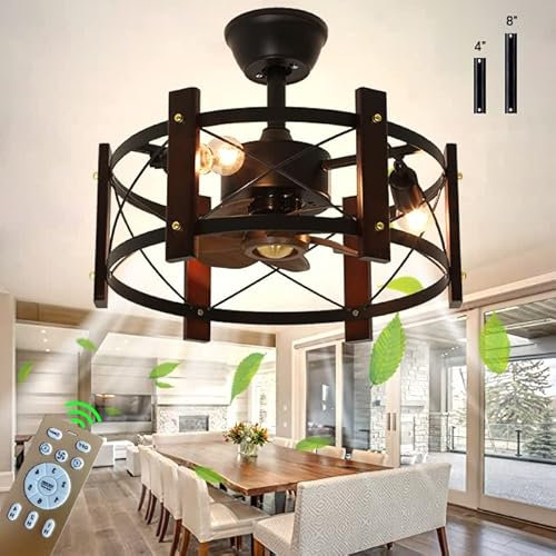 TRUYOK Holz Deckenventilator mit Beleuchtung LED Retro Ventilator Deckenleuchte mit Fernbedienung Schlafzimmer Ventilator Deckenlampe E27 Vintage Pendelleuchte für Wohnzimmer Esszimmer Lüfter Licht