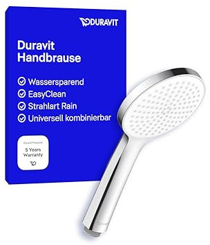 Duravit Universal Duschkopf, Duschbrause mit Strahlart Rain, Handbrause rund (Ø 110 mm), Brausekopf mit wassersparender MinusFlow-Funktion, reinigungsfreundlich, Chrom/Weiß