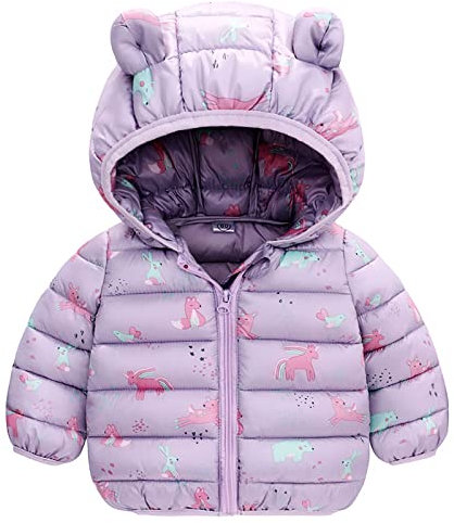 JinBei Veste Hiver pour Filles, Manteau à Capuche Enfants Licorne Lapin Doudoune Léger Blousons, Oreilles 3D Manche Longues Rembourrée Fermeture éclair Violet Veste D'hiver âge 3-4 Ans