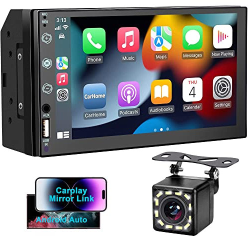 Estéreo de coche de doble DIN de 7 compatible con Apple Carplay y Android Auto, pantalla táctil HD, cámara de respaldo de 12 LED, enlace de espejo, USB/AUX, radio de coche FM(Wireless CarPlay)