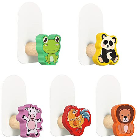 HIQE-FL 5 Stück Garderobenhaken Kinder Tiere Holz,Kindergarderobe Kinderzimmer,Kindergarderobe Haken Selbstklebend,Kinder Garderobenhaken Tiere,Garderobenhaken Kinder Holz Wandhaken