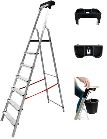 MYPRO ® PREMIUM LINE Aluminium Step Ladder, Lightweight,Portable, Heavy Duty Platform Steps, 3 4 5 6 7 8 Step, EN131 Certified, 150KG Capacity, Ideal for Trade & DIY (7-Step & Tool Tray)