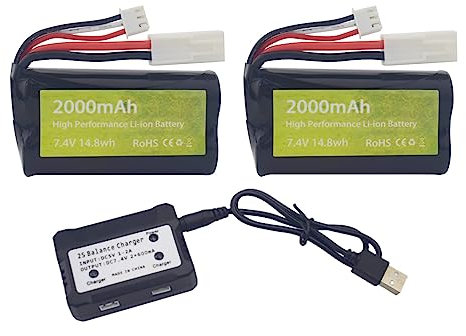 BLLRC 2PCS 7.4V 2000mAh Li-ION Battery Odamiya Plug & 1PCS 2 in 1 Charger for UDI009 UDI902 UDI002 AA102 Feilun FT009 RC Boat Battery for High Speed Boat Model