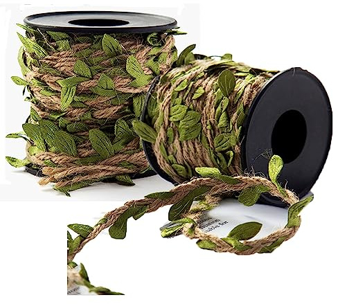 BSTMOME 2 Rolls Leaf Ribbon, 66 Feet Green Ribbon Jute Twine String with Leaf for Wedding Home Garden Decoration