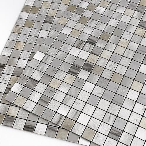 M MOFIT Mosaic Stick on Tiles Kitchen,3D Self-Adhesive Wall Tiles Stickers Metal Panels Square(10pcs,Gray)