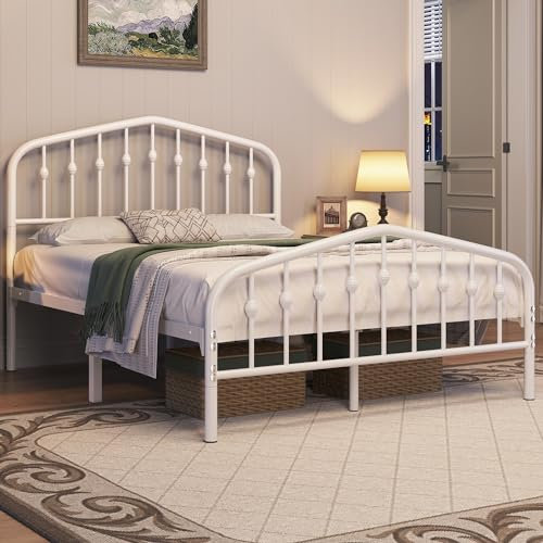 Yaheetech Cadre de Lit en Métal avec Tête de Lit Déco Effet Couronne 140x200cm Lit Moderne avec Sommier à Lattes Blanc