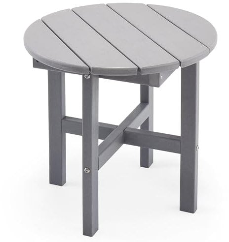 VonHaus Adirondack Round Side Table for Garden - Compact & Portable Grey Circular End Table, 45cm Diameter Drinks Tabletop for Patio, Terrace, Balcony & Outdoors - Water Resistant Slatted Style