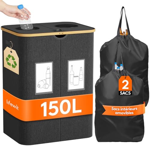 Lifewit Collecteur de Bouteilles avec Couvercle 2 Compartiment 150L, Poubelle Tri Selectif pour Plastique, Bouteilles Verre, Poubelle Exterieur de Recyclage avec Trou, Cuisine Rangement, Gris Foncé