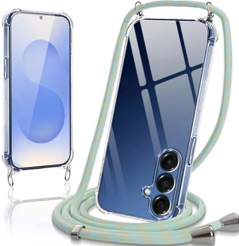 Oelrstfe handyband Hülle mit Band für Samsung Galaxy S25, Handyband zum Umhängen Handy Umhängeband Transparent TPU Stoßfest Silikon Handyhülle mit Kette für Samsung S25, Grün