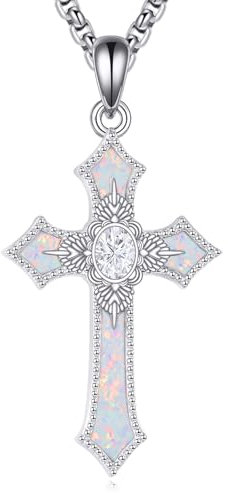VOANLA Moissanit-Kreuz-Halskette 925er Sterlingsilber Opal-Kreuz-Halskette religiöser Anhänger Schmuck christliche Geschenke für Frauen