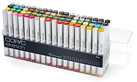 COPIC Sketch Set de 72 marqueurs à encre à alcool permanente double pointe, pointe pinceau ultra souple et large biseautée, rechargeable – Set C