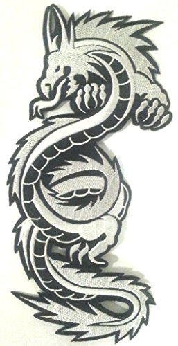 Aufnäher Drache Patches groß für Jacken Kleidung Jeans Stoff Kleidung Bügel-Bild-Flicken-Applikation Aufbügler zum aufbügeln „ Drachen schwarz silber 28 x 12 cm …