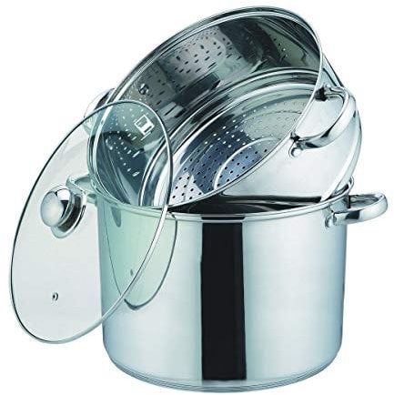 Kamberg 0008072 – Couscoustopf/Dampfgarer/Kochtopf (3‑in‑1) – Durchmesser 26 cm – 10 Liter – Hochwertiger Edelstahl – Mit Glasdeckel – Für alle Herdarten, auch Induktion, Stainless Steel, grau, 10 cm