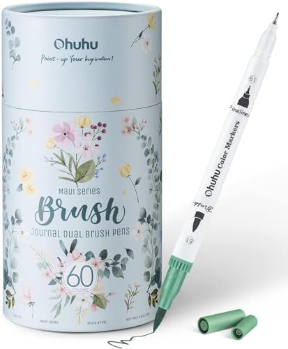 Ohuhu Feutre Coloriage Adulte, 60 Couleurs Aquarelle Stylos Feutres Double Pointe Fine et Pinceau pour Calligraphie Mandala Dessin Colorant, Maui – Boîte Blanche