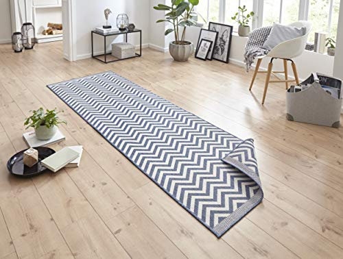 NORTHRUGS In- und Outdoor Teppich Palma 80x250cm - Wendeteppich Wetterfest Modernes Design Zick-Zack Muster Läufer für Balkon Terrasse Garten Wintergarten Wohnzimmerteppich Wasserfest in Blau Creme