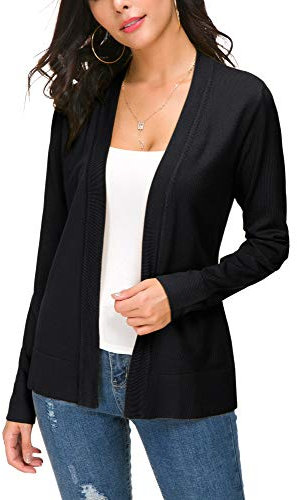 EXCHIC Donna Casuale Lunghe Maniche V Collo Aperto Fronte Maglia Cardigan (L, Nero)