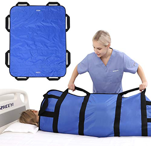 ZHEEYI Multipurpose 48 x 40 Positioning Bed Pad with Reinforced Handles - Reusable & Washable Transfer Sheet for Turning, Lifting & Repositioning - Double-Sided Nylon Fabric, Blue