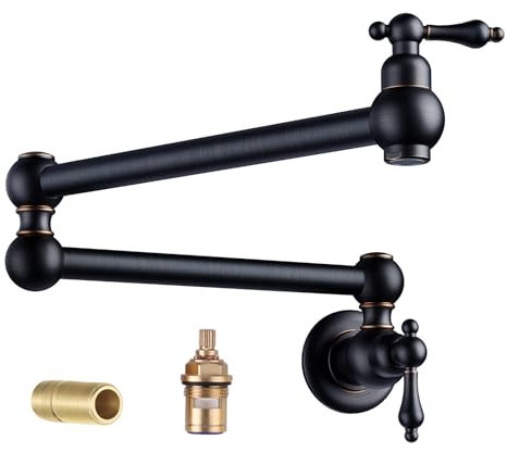 WOWOW Pot Filler Faucet - Wall Mount Brass Faucets - Kitchen Double Handle - Oil Rubbed Bronze - Commercial Folding - Stretchable Double Joint Swing Arm - Copper Single Hole