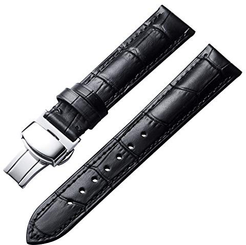 BINLUN Leder Uhrenarmband Lederarmband Ersatz Uhrenarmbänder für Herren Damen mit Silber/Gold/Roségold Schmetterling Faltschließe 12-24mm(23mm Schwarz-Silber Schnalle)