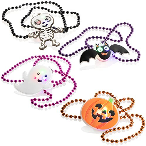 com-four® 4x Halskette für Halloween - Perlenkette mit bunter LED-Beleuchtung und gruseligen Motiven - Zubehör für Kostüm zu Halloween [Auswahl variiert] (Halloween Mix 4 Stück)
