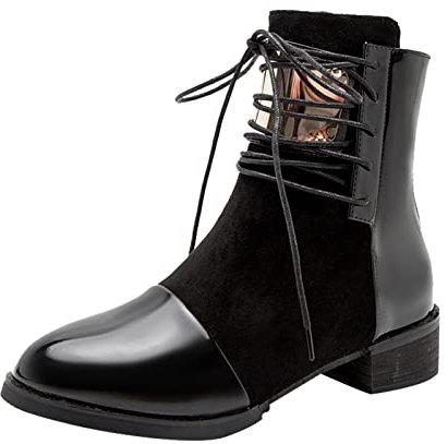 Stivali da Donna in Pelle Antiscivolo Punta Tonda Cerniera Laterale con Lacci Tacco Basso Scarpa Caviglia (39,Nero)