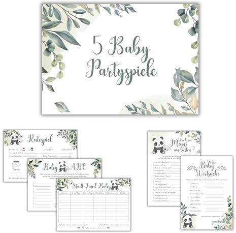 JEKA Babyshower Spiele Set, 5 witzige Babyparty-Spiele (je 10 Stück), Babyparty Geschenk, Karten zum Ausfüllen, Partyspiele Babyshower