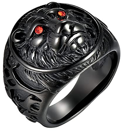 JewelryWe Schmuck Herren-Ring Edelstahl Gothic Biker Siegelring Vintage Löwe Löwenkopf Ringe Bandring mit Gravur Schwarz Größe 70