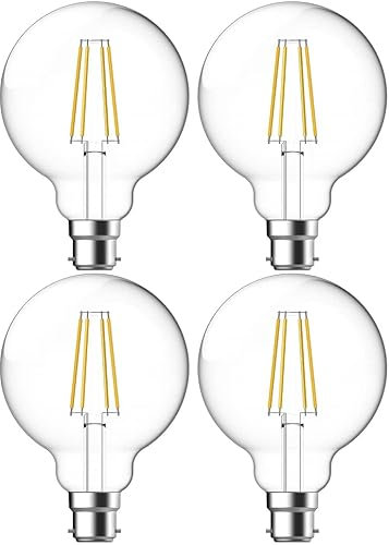 Tungsram LED G95 Clear Fillament Light Bulbs, B22 Bayonet Cap, 4.5W, 470 Lumens, 40W Equivalent, Warm White 2700K - 4 Pack