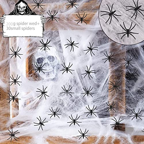 Halloween Deko 200g Spinnennetz 30 Spinnen, Halloween Deko Set, Spinnennetze mit Gefälschte Spinnen, Spinnennetz Halloween Spinne Deko für Halloween Party Feste Kamin Fenster Türen Dekoration