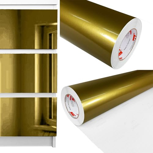 DecoMeister Möbelfolie selbstklebend 100x300 cm | Einfarbig Klebefolie für Möbel | Klebefolie Möbel - einfache Anwendung, ideal für die Renovierung von Küche oder Bad | Möbelfolie | Gold Hochglanz