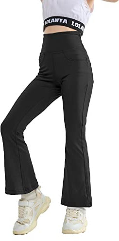 Rolanko Ausgestellte Yoga Leggings für Mädchen, Hohe Taille Bootcut Stretch Workout Running Active Hosen mit Taschen, Schwarz, Größe: 150