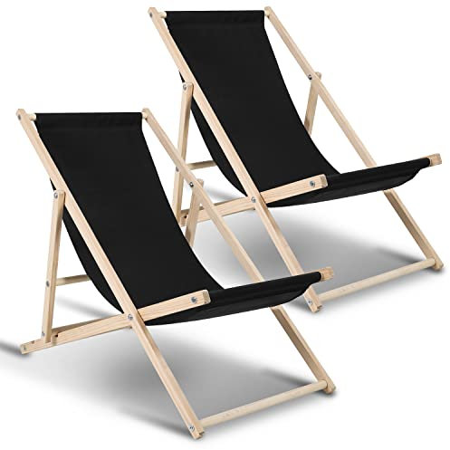 Sonnewelt 2 Stück Liegestuhl klappbar Sonnenliege klappbar Holz strandstuhl gartenliege 120kg max, Balkonstuhl relaxliege für draußen Camping Garten liegestühle Schwarz