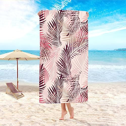 KnSam Strandhandtuch 90x180cm, Mikrofaser Strandtuch Sandfrei Blätter Muster, Sporthandtuch Liegetuch Dusche, Strandhandtuch für Fitness, Reise, Strand, Schwimmen, Yoga, Beige Rosa Lila