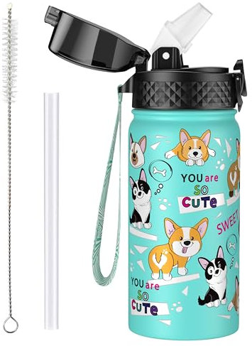 OLDLEY 420ml/14oz Kids Stainless Steel Insulated Water Bottle with Straw for School Reusable Metal Vacuum Small Flask Leakproof Keep Drinks Hot Cold for Boys Girls Toddlers Children (Dog, 420ml)