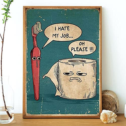 BIEMBI Gerahmt, fertig zum Aufhängen, Posterdruck „I Hate My Jobs“, lustige Zahnbürste und Toilettenpapier, einzigartiges, humorvolles Leinwandgemälde, 40 x 60 cm Innenrahmen