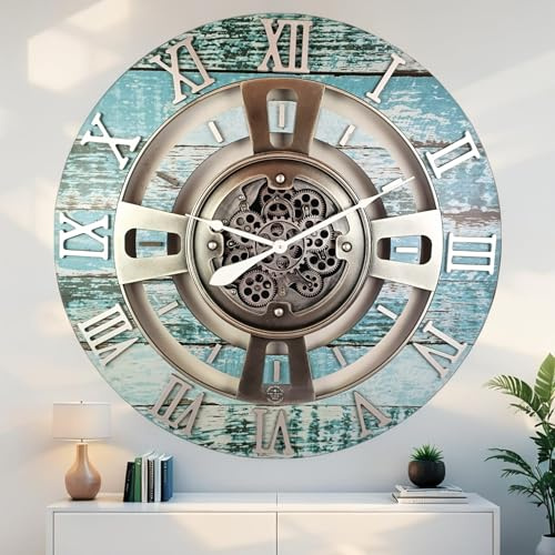 ImprovingLife The Gears Clock Wanduhr mit echtem Uhrwerk, englische Linie (Aquamaringrün, 90 cm)