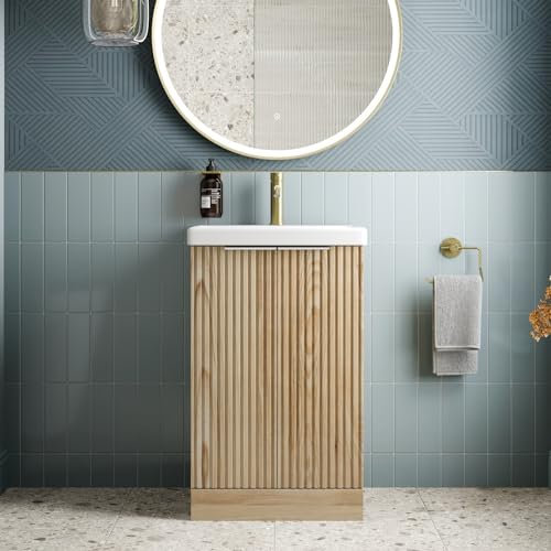 BAYSTONE® Fluted 500mm Bathroom Vanity Unit Ceramic Wash Sink, Cloakroom Storage Furniture Under Basin Cabinet Floorstanding Cupboard, Wood