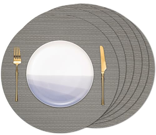 Banchif Tischsets Rund, Tischsets Abwaschbar 6er Set Platzdeckchen PVC Rund rutschfest Platzsets Abwischbar Gewebte Vinyl Platzsets Durchmesser 38 cm, Grau
