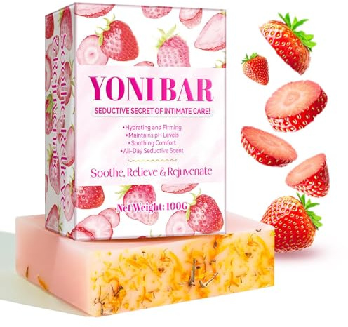 Yoni Soap Bars PH Balance Feminine Wash, Natürliche Yoni Bar Reinigungsstange Seife für Frauen mit Blasenschaumnetz, feuchtigkeitsspendende Yoni-Pflegeseife beseitigt Geruch, Erdbeere, handgefertigte