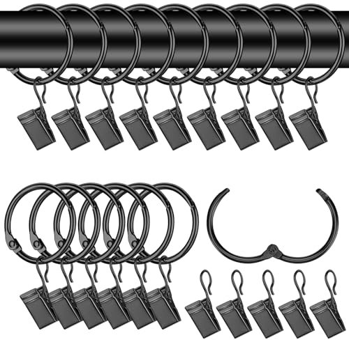 42 Stück Gardinenringe mit Clips, 32mm Metall Vorhangringe mit Clips, Gardinenringe mit Haken, Duschvorhang Ringe mit Clips, Hängend Vorhang Ringe für Fenster Duschvorhänge Gardinen Clips, Schwarz