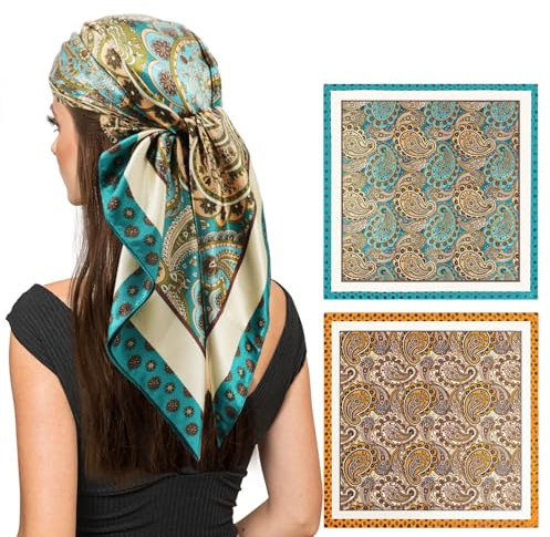 vimate Seinbandanas für Haare-Damen Leichtes 35 Zoll Quadratisches Paisley Satin Sein Halstuch Set für Kopf Wrap Schlafen (2 Pack-H)