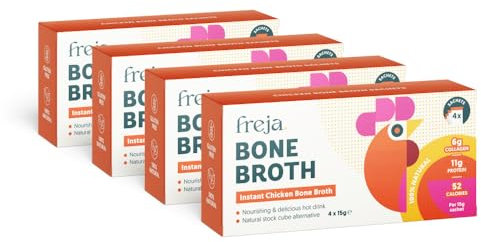 Freja Instant Chicken Bone Broth | Chicken | 100% Natural | Rich in Collagen, Protein & Amino Acids | Dairy & Gluten Free, 4 boxes (4 x 15g Sachets Per Box)