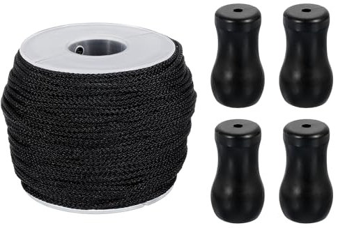 sourcing map Geflochtene Schnur zum Anheben, 1,8 mm, 50 Yards/Rolle, Nylonschnur mit 4 Holz-Rollo-Zugschnüren für Raffrollos, Schattenrollen, Reparatur, Vorhang, Handwerk, DIY (schwarz)